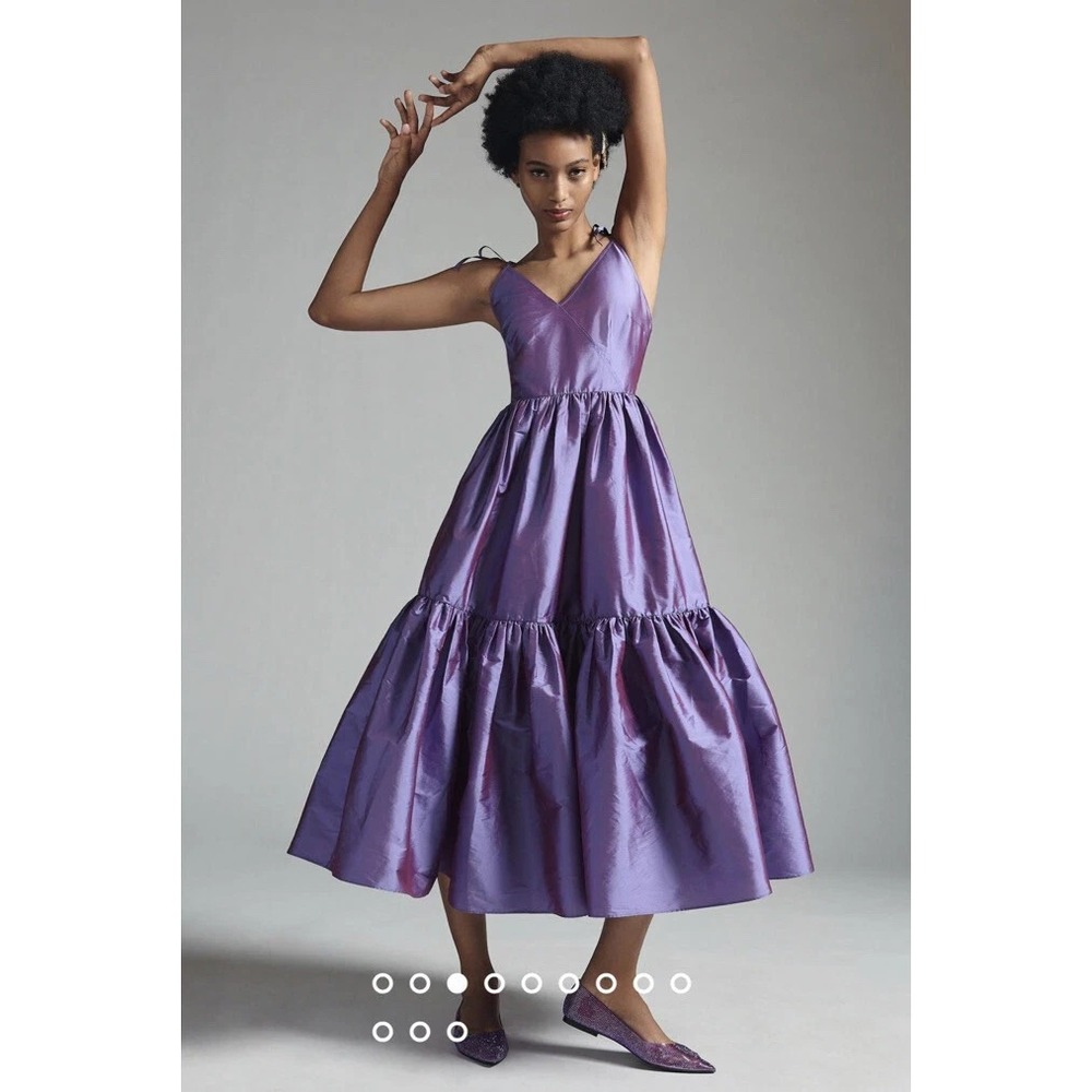 Anthropologie Bloni Tiered Shine Dress Purple Shimmer V-Neck Party S/M? $248